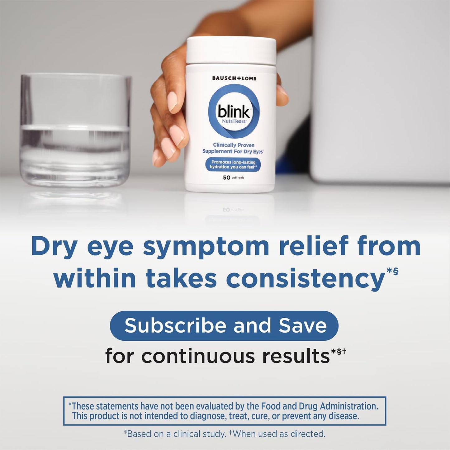 Blink NutriTears Clinically Proven Supplement for Dry Eyes, Eye Care with Lutein & Zeaxanthin and Vitamin D to Hydrate Eyes from Within for Long-Lasting Relief, 50 Softgels