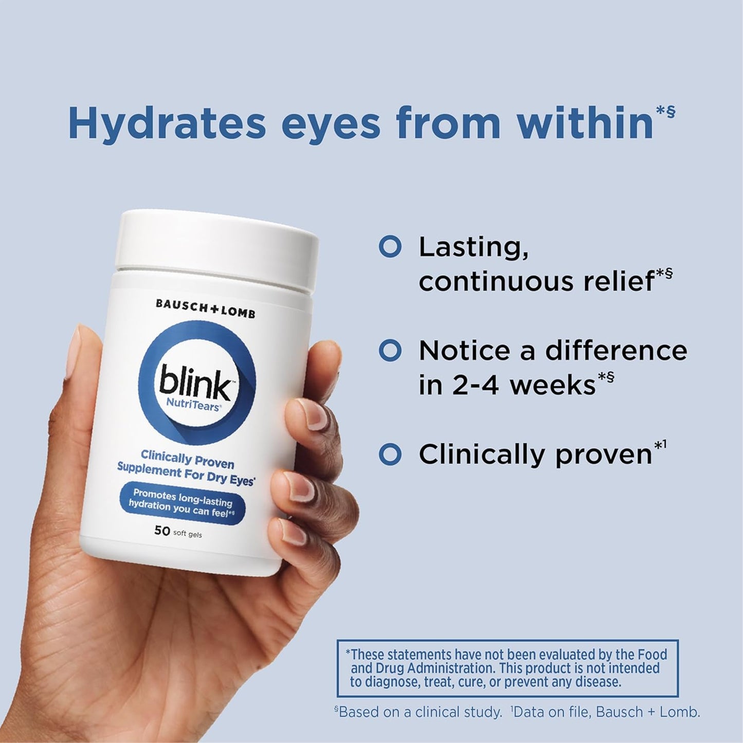 Blink NutriTears Clinically Proven Supplement for Dry Eyes, Eye Care with Lutein & Zeaxanthin and Vitamin D to Hydrate Eyes from Within for Long-Lasting Relief, 50 Softgels